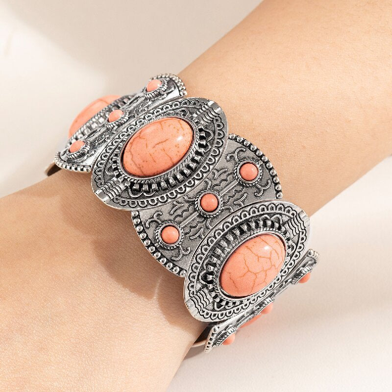 Brazalete de aleación de turquesa con incrustaciones con incrustaciones huecas al por mayor
